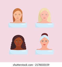 Beautiful happy people in spa. Young woman use Salon Treatment to look beautiful. Skin care, healthy skin, dermatology and cosmetology vector. Skin care relaxing. Flat vector illustrations set