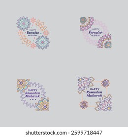 A beautiful "Happy Ramadan Mubarak" design surrounded by elegant floral mandalas in soft pastel colors, perfect for festive greetings, decorations, and digital artwork.