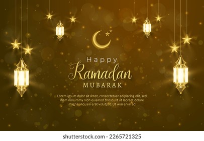 beautiful happy ramadan mubarak template banner with beautiful illustration shiny light luxury islamic ornament and abstract brown and golden background design