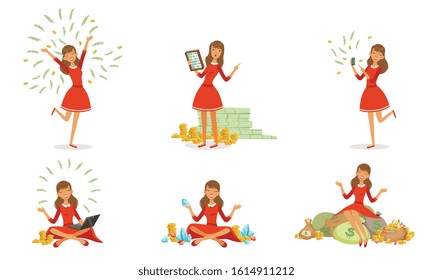 Beautiful Happy Rich Woman Set, Girl Millionaire Character in Red Dress with a Lot of Money Money, Financial Success Vector Illustration
