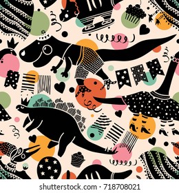 Beautiful happy seamless pattern  with dinosaurs. Cool party!