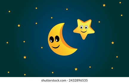 Beautiful happy, smiling moon and stars digital art background