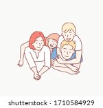 Beautiful and happy smiling young family in white T-shirts are hugging and have a fun time together while lying on the floor and looking on camera. Hand drawn style vector design illustrations.