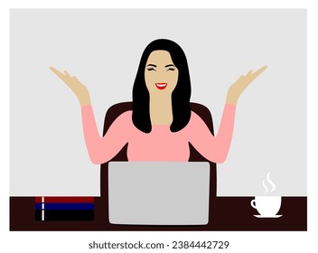  “SHOTLISTbanking”. Beautiful, happy and successful businesswoman celebrating for great news. On his desk he has a laptop, books and a hot cup. Business woman got promoted.