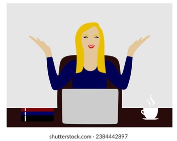  “SHOTLISTbanking”. Beautiful, happy and successful businesswoman celebrating for great news. On his desk he has a laptop, books and a hot cup. Business woman got promoted.