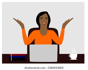  “SHOTLISTbanking”. Beautiful, happy and successful businesswoman celebrating for great news. On his desk he has a laptop, books and a hot cup. Business woman got promoted.