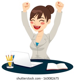 Beautiful happy successful woman celebrating raising arms up expressing joy