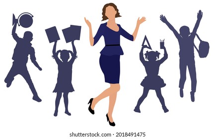 Beautiful happy teacher and silhouette of school children with books, globe, copybooks, ruler, pens and pensils. First graders. Back to school. Vector illustration.