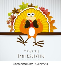 Beautiful Happy Thanksgiving Day background with cute happy cartoon of turkey bird and colorful maple leafs on grey background. 