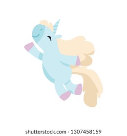 Beautiful Happy Unicorn, Cute Light Blue Magic Fantasy Animal Vector Illustration