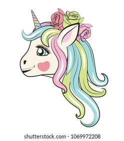 Beautiful HAPPY unicorn head with roses. Can be used for baby t-shirt print, fashion print design, kids wear, baby shower celebration, greeting and invitation card