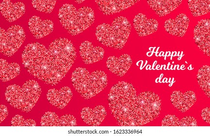 Beautiful Happy Valentines day background. Red glitter shiny hearts and white text on gradient background. Festive vector illustration for web, poster, shop, sale, web, flyer, banner, greeting card