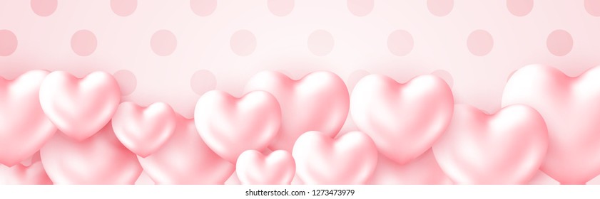 Beautiful Happy Valentine's Day banner with 3d metallic glossy Hearts Pink color isolated on cute polca dot background.Greeting poster with a place for text on soft pink backdrop. Vector illustration