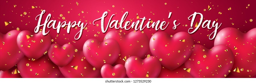 Beautiful Happy Valentine's Day banner with 3d metallic glossy Hearts Pink color and gold confetti background. Greeting text on festive red backdrop. Vector illustration
