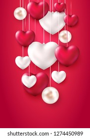 Beautiful Happy Valentine's Day banner with 3d metallic glossy Hearts Pink and Silver color. Poster with a place for text. Holidays background greeting cards, bright invitations. Vector illustration