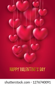 Beautiful Happy Valentine's Day banner with 3d metallic glossy Hearts Red color. Gold lettering on festive wine coloured backdrop. Holidays greeting cards, bright invitations. Vector illustration