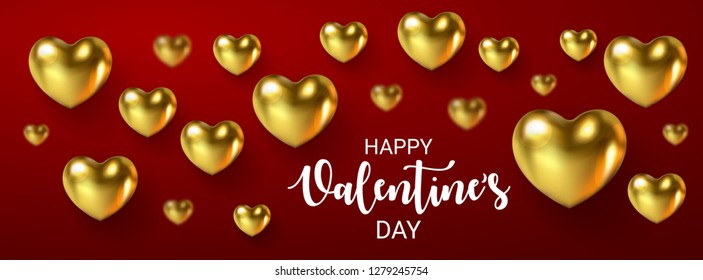 Beautiful Happy Valentine's Day banner with 3d metallic glossy Hearts Gold color isolated on red background. Festive poster with a place for text. Vector illustration