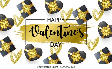 Beautiful Happy Valentine's Day banner with 3d glossy Gift Boxes and gold glitter Hearts isolated on white background. Black Heart in a shape of Gift Box. Hand drawn brush stroke. Vector illustration