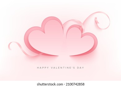 Beautiful Happy Valentine's Day greeting card with pink ribbon under paper cut hearts. Vector illustration