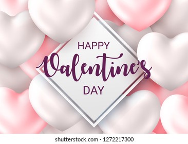 Beautiful Happy Valentine's Day holiday banner with 3d metallic glossy Hearts Pastel color. Greeting text on soft pink background. Vector illustration