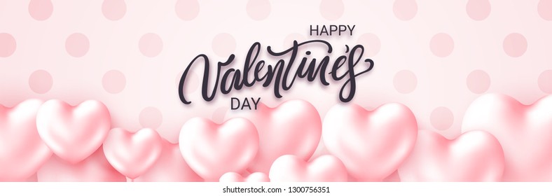 Beautiful Happy Valentines Day lettering banner with 3d soft Hearts Pastel color. Modern stylish polca dot background. Horizontal holidays poster, add, header, website, article. Vector illustration