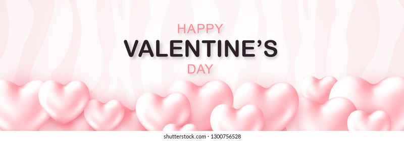 Beautiful Happy Valentines Day lettering banner with 3d soft Hearts Pastel color. Modern stylish patterned background. Horizontal holidays poster, add, header, website, article. Vector illustration