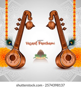 Beautiful Happy Vasant Panchami Indian festival card with veena vector