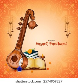 Beautiful Happy Vasant Panchami Indian festival card with veena vector