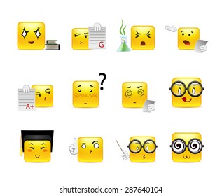 Beautiful happy and very smart yellow square anime smiley in a small set of