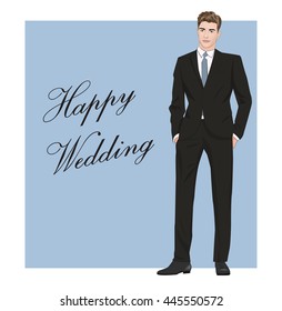 Beautiful  Happy Wedding greeting card with groom,template for invitation,poster,sticker,banner,card for wedding celebration or wedding salon,vector