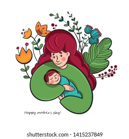 beautiful happy woman with a baby in her arms. flower arrangement. can be used as a greeting card