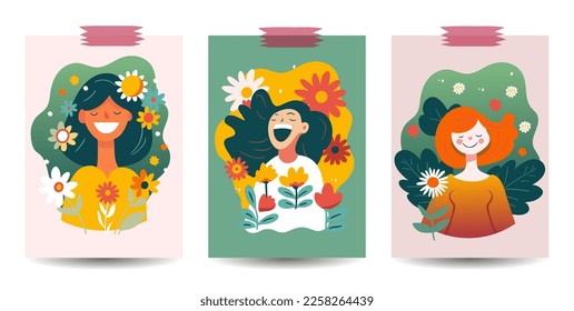 Beautiful happy woman card poster set. Summer and spring flower, girl smile beauty vector background.