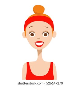Beautiful happy woman face in sportswear. Vector Illustration flat design for female info about fitness, healthy lifestyle, face care, diet and exercise, different emotions person