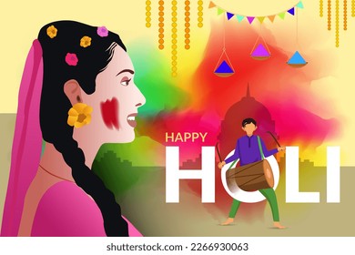 Beautiful happy woman playing Holi with colors. Colorful greeting card for Holi festival.