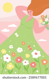Beautiful happy woman in summer against a background of flowers, the sky with a bouquet in her hand. Vector flat graphics.