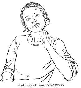 Beautiful happy woman touches her neck, Vector sketch, Hand drawn illustration Line art