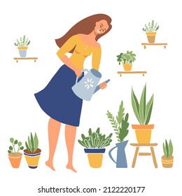 Hermosa mujer feliz con una lata de agua está regando las flores y plantas en su jardín. Amo a la jardinería. El colorido y luminoso carácter está aislado en un fondo blanco. Ilustración plana vectorial.