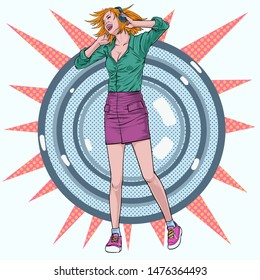 Beautiful and happy women who enjoy listening to music from headphones Speaker background colorful Illustration vector on Pop art comic style