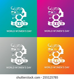 Beautiful Happy Women's Day greeting card, gift card wallpaper on Pink background, green background, orange background and gray background with Women face 8th march logo and typography