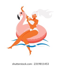 Beautiful and happy young blonde woman on an inflatable pink flamingo eats ice cream and enjoys life on a white background. Summer vibes. Vector.