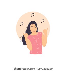 A beautiful, happy young girl is listening to music and smiling. Isolated image of a young asian girl in flat style on a white background. Vector illustration.