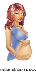 A beautiful happy young pregnant woman holding stroking her bump