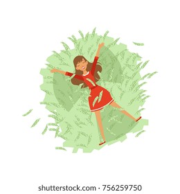 Beautiful happy young successful rich woman character in red dress bathing in green money bills, financial success colorful flat vector Illustration