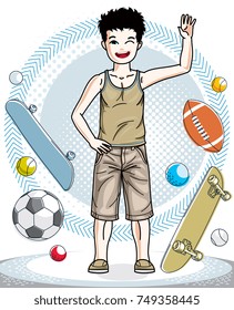 Beautiful happy young teenager boy posing wearing fashionable casual clothes. Vector kid illustration. Childhood lifestyle clip art.