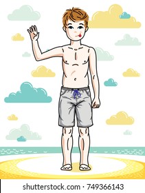 Beautiful happy young teenager boy posing wearing fashionable beach shorts. Vector kid illustration. Fashion and lifestyle theme cartoon.