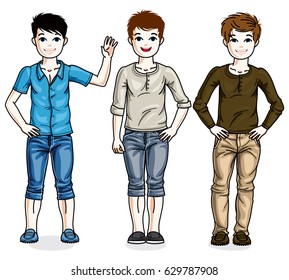Beautiful happy young teenager boys posing wearing different casual clothes. Vector diversity kids illustrations set. Childhood and family lifestyle clip art.