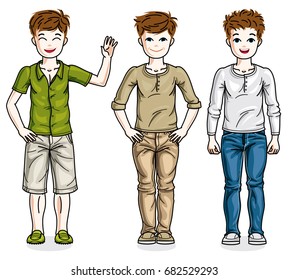Beautiful happy young teenager boys posing wearing different casual clothes. Vector diversity kids illustrations set. Childhood and family lifestyle clip art.