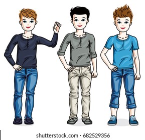 Beautiful happy young teenager boys posing wearing different casual clothes. Vector diversity kids illustrations set.