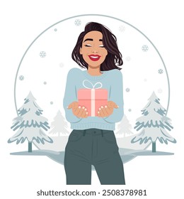 Linda jovem feliz em um suéter confortável de malha segurando um presente de Natal em suas mãos. Ilustração plana vetorial. Nenhuma inteligência artificial foi usada para criar a ilustração.
