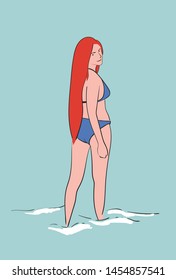 Beautiful happy young woman with long hair in swimming suit is staying in the sea. Beach vacation vector hand drawn illustration.